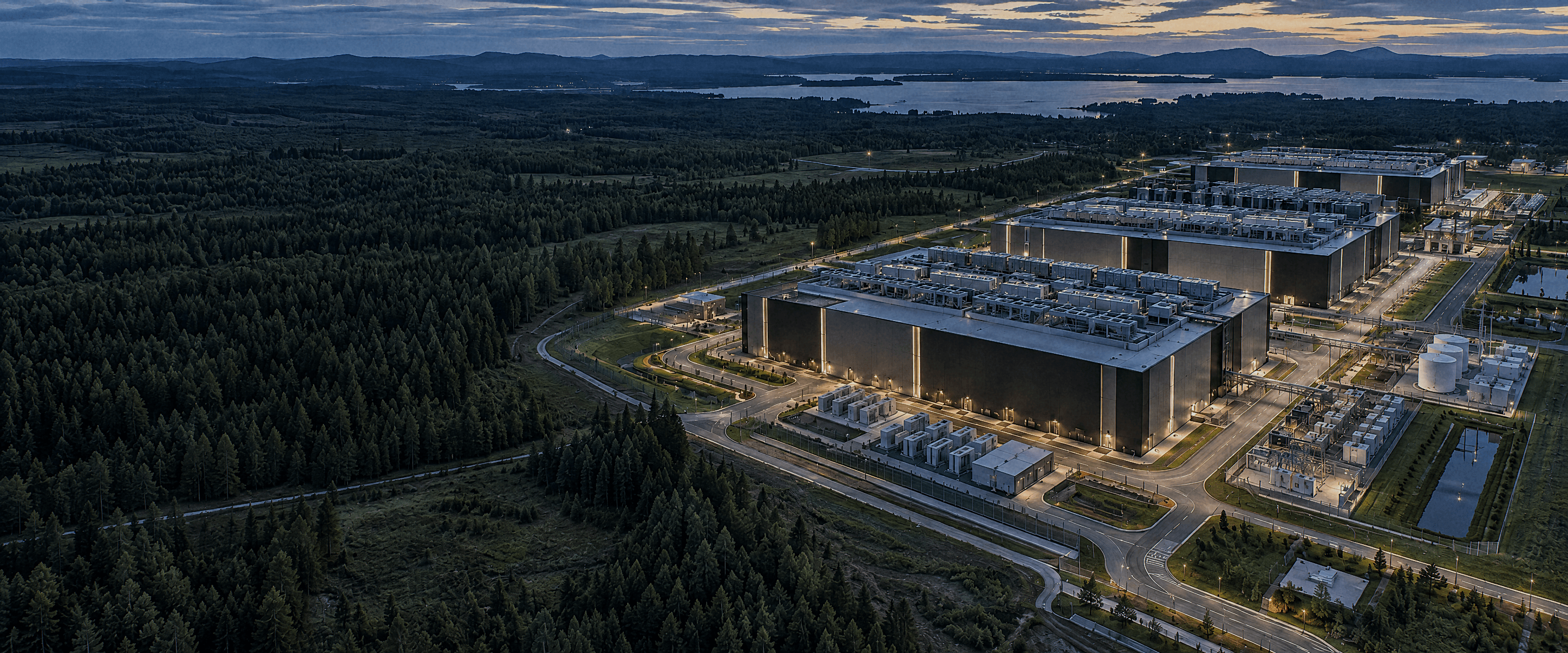 A modern AI compute campus at dusk